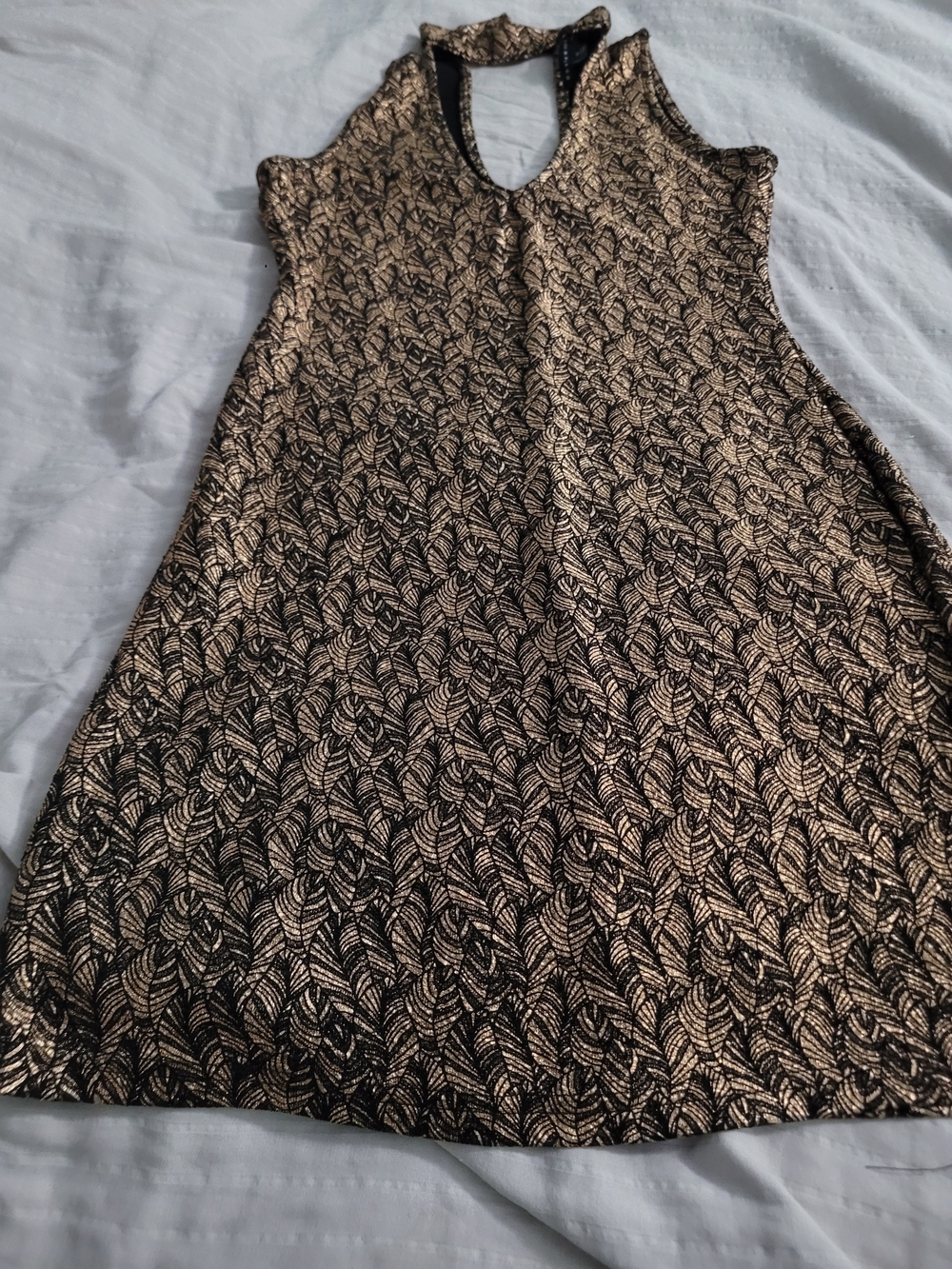 Haute Monde Gold Black Metallic Leaf Mock Neck Keyhole Mini Dress Medium